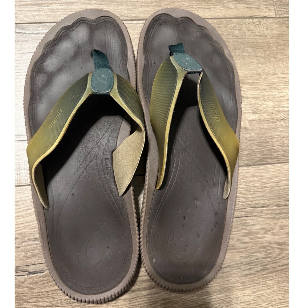 OluKai Welo Men 12 Flip Flop Sandals Brown Green Thong 10436-GY63 US M 12 EUR 45